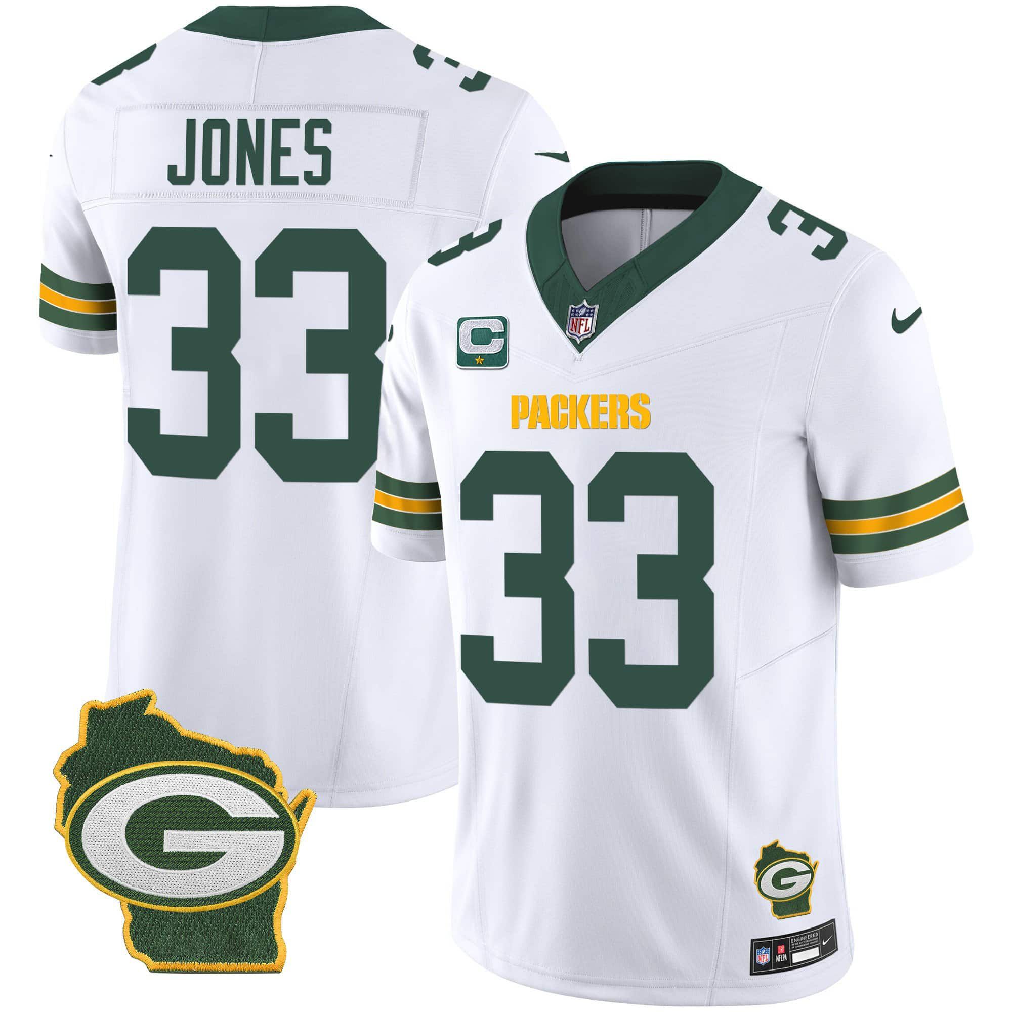 Men Green Bay Packers #33 Jones White 2024 Nike Home Patch Vapor NFL Jersey